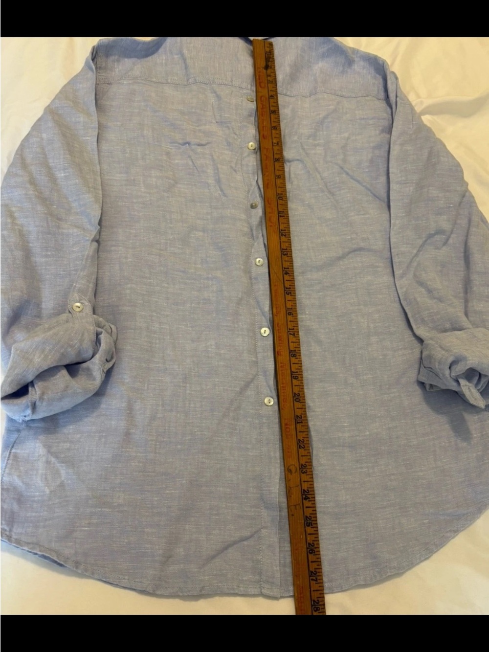 Sigrid Olsen Linen Blue Chambray Roll Tab Shell Button-Up Tunic Faux Button Back - Picture 6 of 7